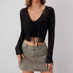 Damen nan tailliertes bauchfreies Netzoberteil mit floraler Samtflock-Verzierung und BindR&Band R&B