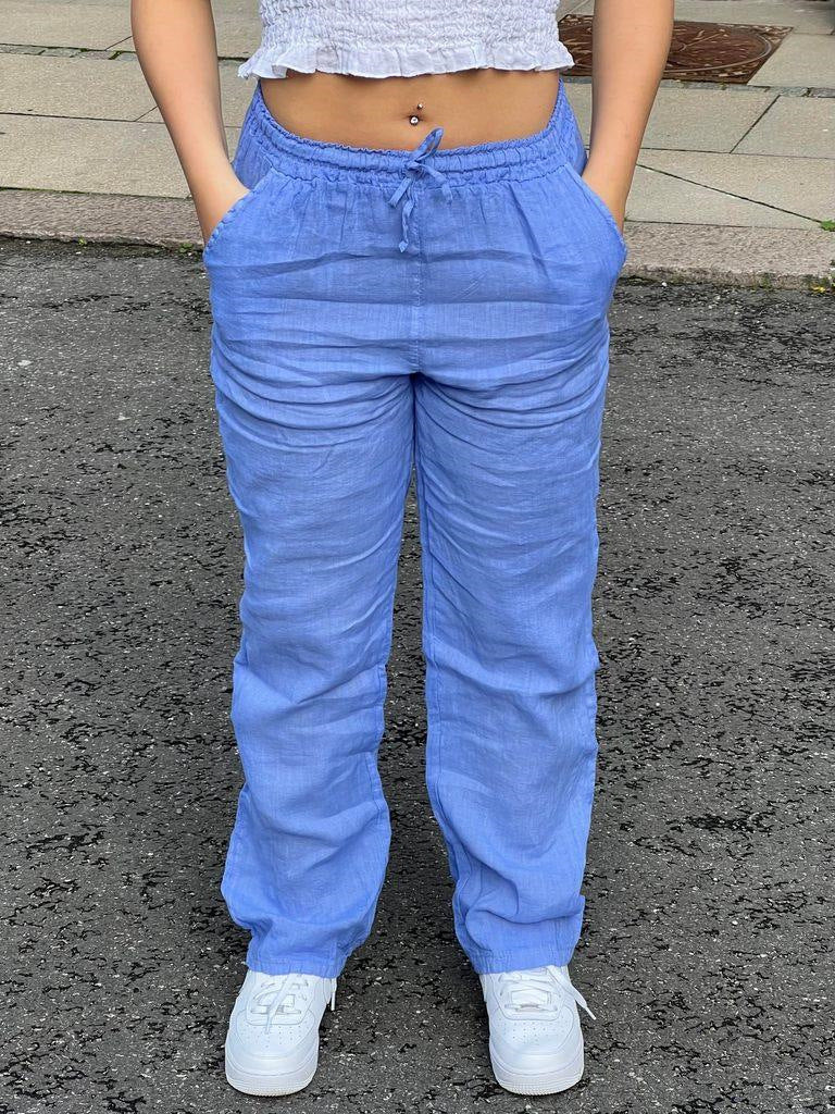 Damen lockere Leinenhose mit elastischem Bund und seitlichen Taschen R&B