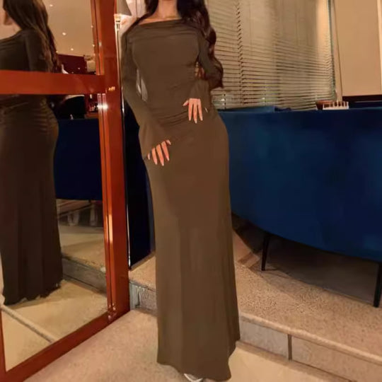 Damen Elegantes Maxikleid mit schulterfreiem Design und Raffungen R&B