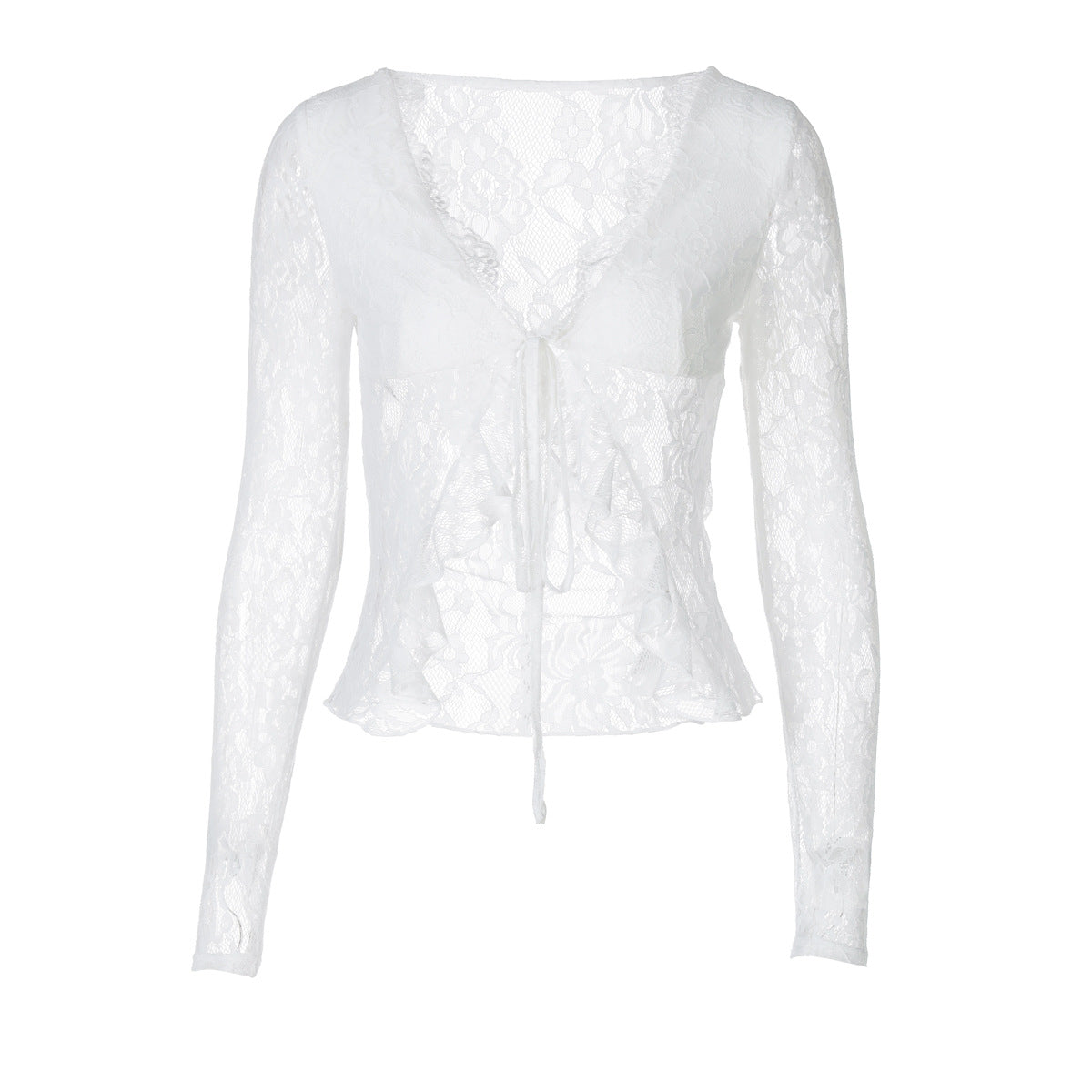 Damen Spitzen-Cropped-Bluse mit Schleifenverschluss R&B