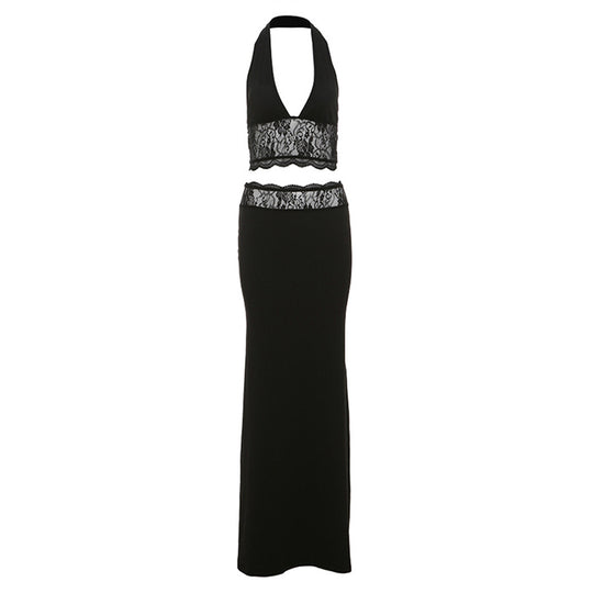 Damen Langer Sommerrock mit tiefem V-Ausschnitt und eleganter Spitzenapplikation R&B