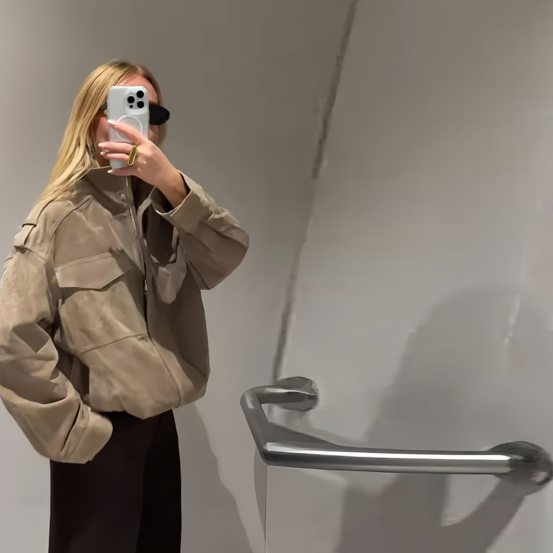 Damen Modische Oversized-Wildlederjacke mit praktischen Taschen und hohem Kragen R&B