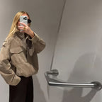 Damen Modische Oversized-Wildlederjacke mit praktischen Taschen und hohem Kragen R&B