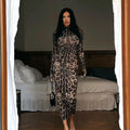 Damen Elegantes transparentes Maxikleid mit Leopardenmotiv und langem Arm R&B