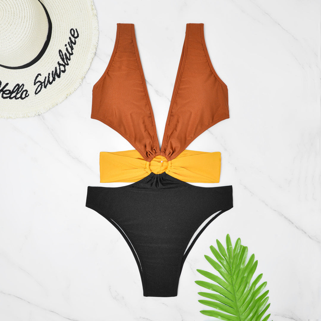 Damen Einteiliger Badeanzug mit tiefem V-Ausschnitt und raffiniertem Cut-Out R&B