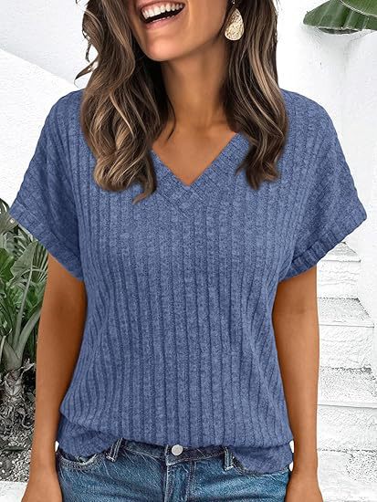 Damen lässiges V-Ausschnitt T-Shirt mit Streifenstruktur R&B