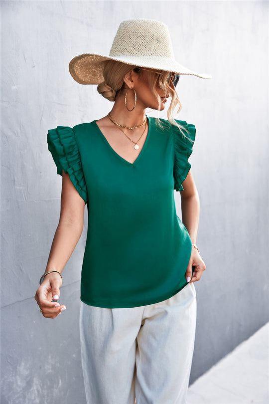 Damen Bluse mit voluminösen Rüschensäumen und V-Ausschnitt R&B