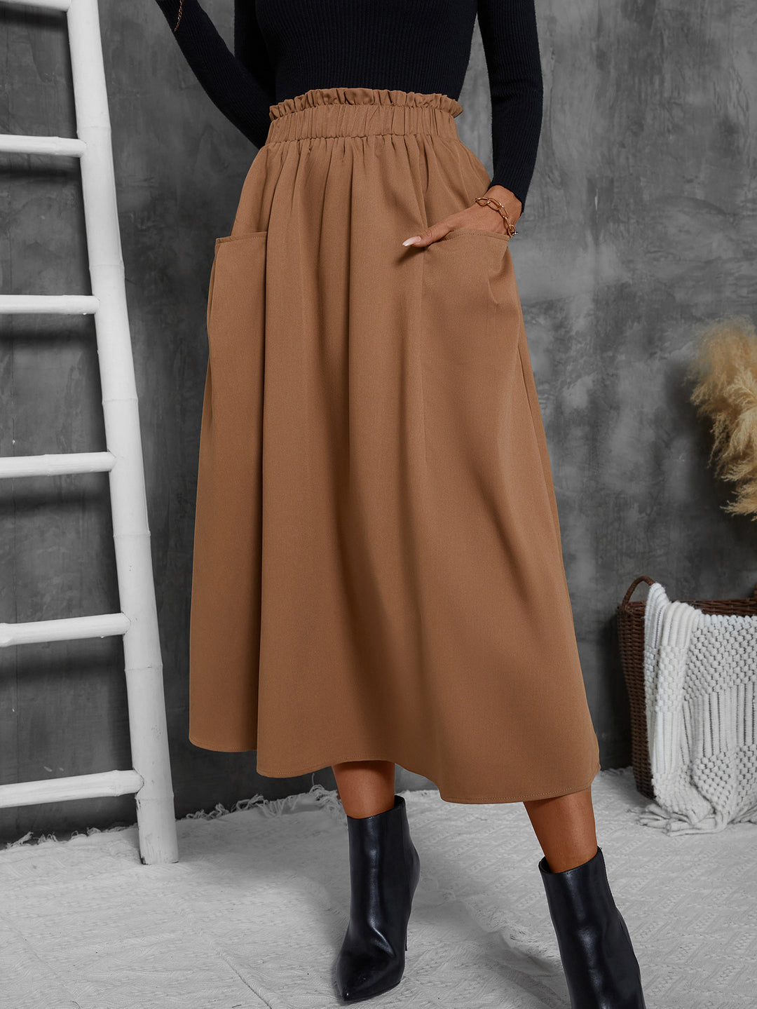 Damen Luftiger Midirock mit elastischem Bund und praktischen Taschen R&B
