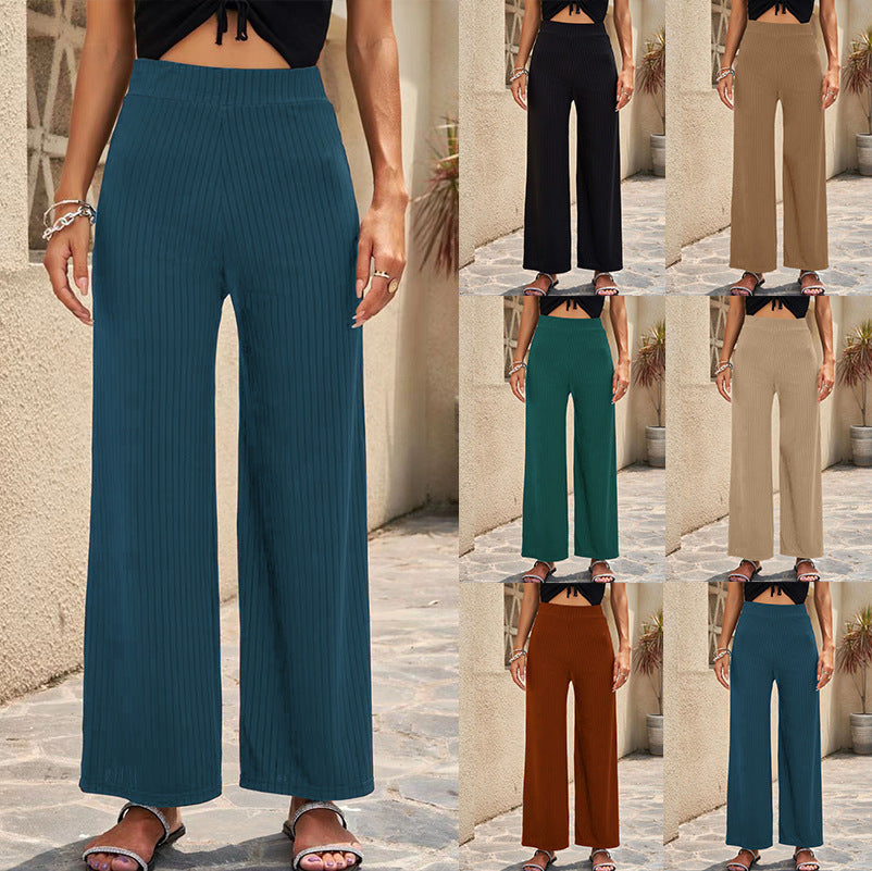 Damen Weite, gestreifte Plisseehose mit hohem Bund und elastischem Taillenbund R&B
