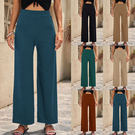 Damen Weite, gestreifte Plisseehose mit hohem Bund und elastischem Taillenbund R&B