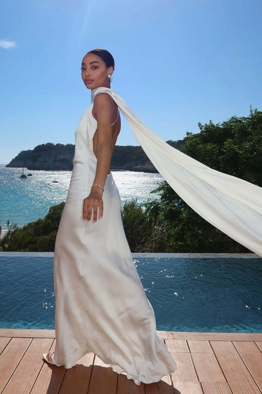 Damen Elegantes Abendkleid mit fließendem Design und schulterfreier Kapuze R&B