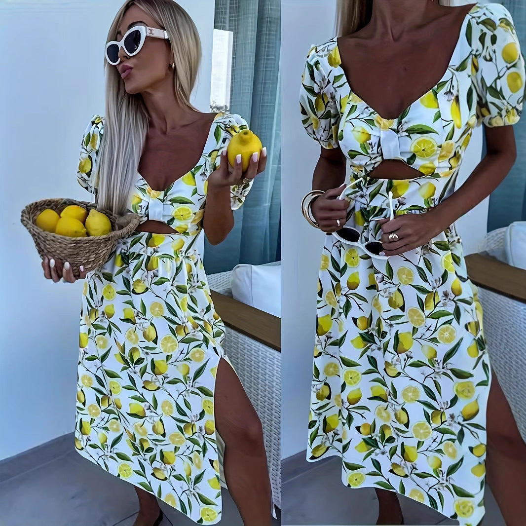 Damen Maxikleid mit fruchtigem Print und seitlichem Schlitz R&B