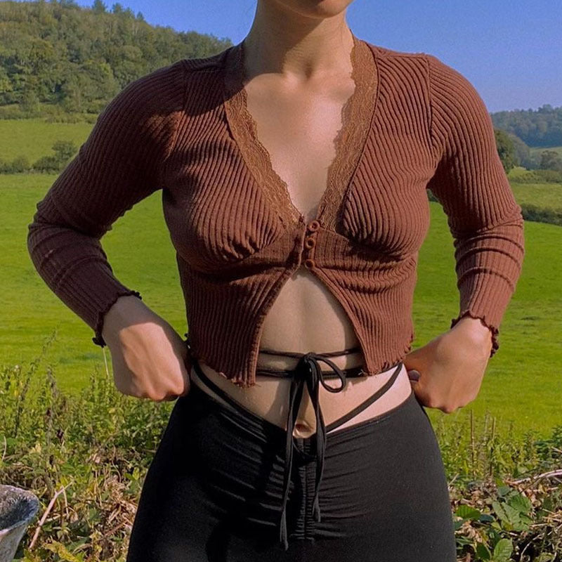 Damen Elegantes figurbetontes Langarmshirt mit Spitzenakzenten