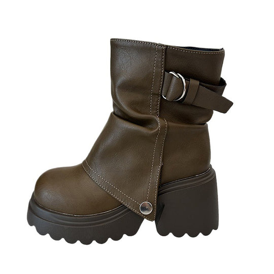 Damen modische Chunky-Boots mit dekorativem Riemen und stabiler Sohle R&B