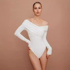 Damen eleganter Body mit drapiertem Oberteil und schmalen Ärmeln R&B