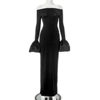 Damen Elegantes Langarm-Maxikleid mit Off-Shoulder-Ausschnitt und Rüschendetails EB