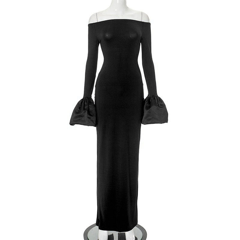 Damen Elegantes Langarm-Maxikleid mit Off-Shoulder-Ausschnitt und Rüschendetails EB