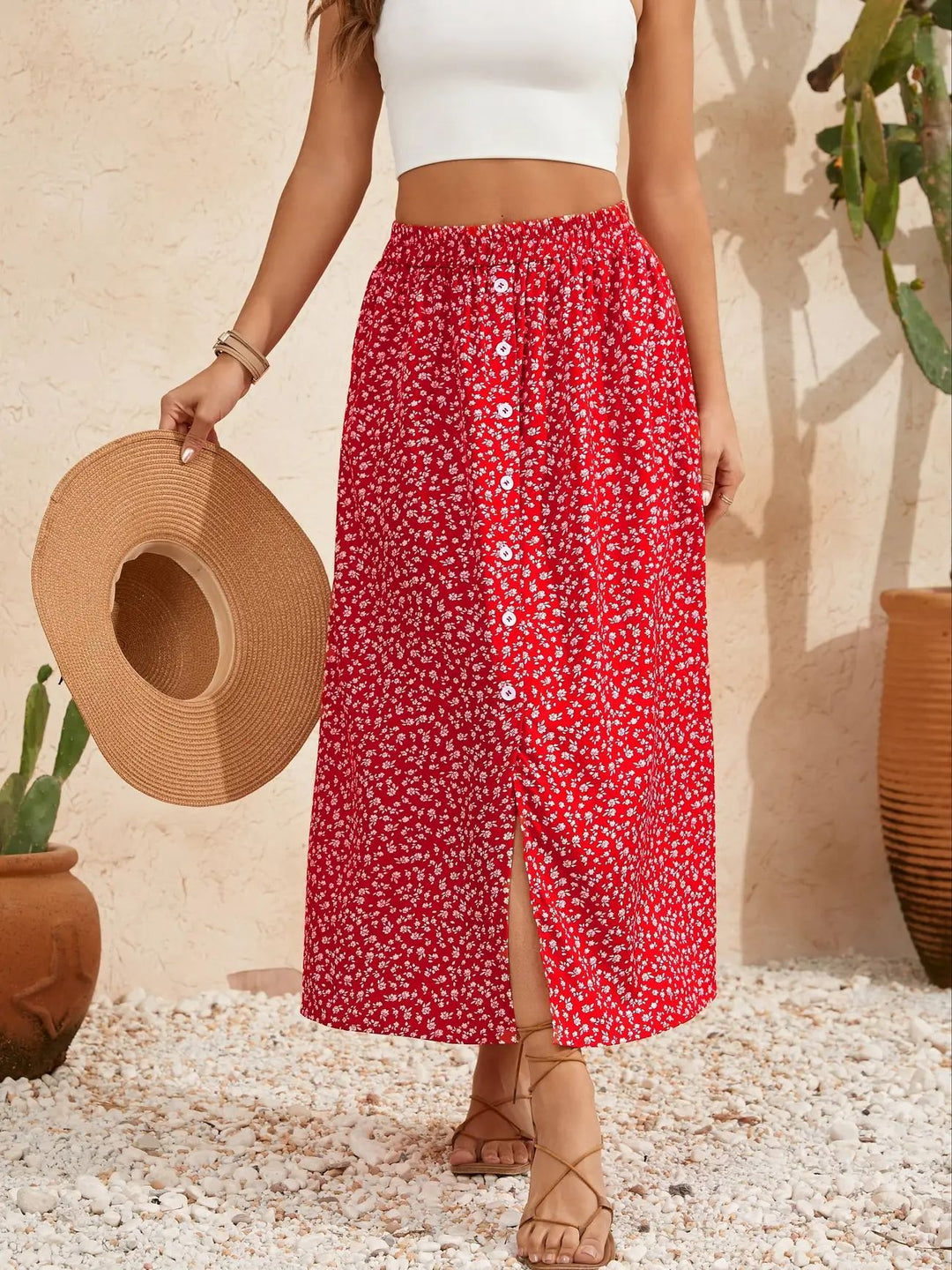 Damen Maxirock mit floralem Design und hohem Schlitz R&B