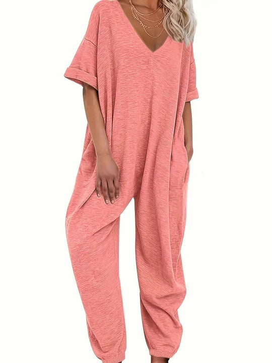 Damen Oversized Jumpsuit mit tiefem V-Ausschnitt und lässigen Taschen R&B