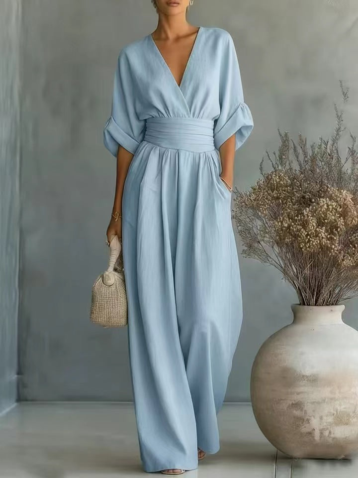 Damen Jumpsuit mit elegantem V-Ausschnitt und weitem Bein R&B