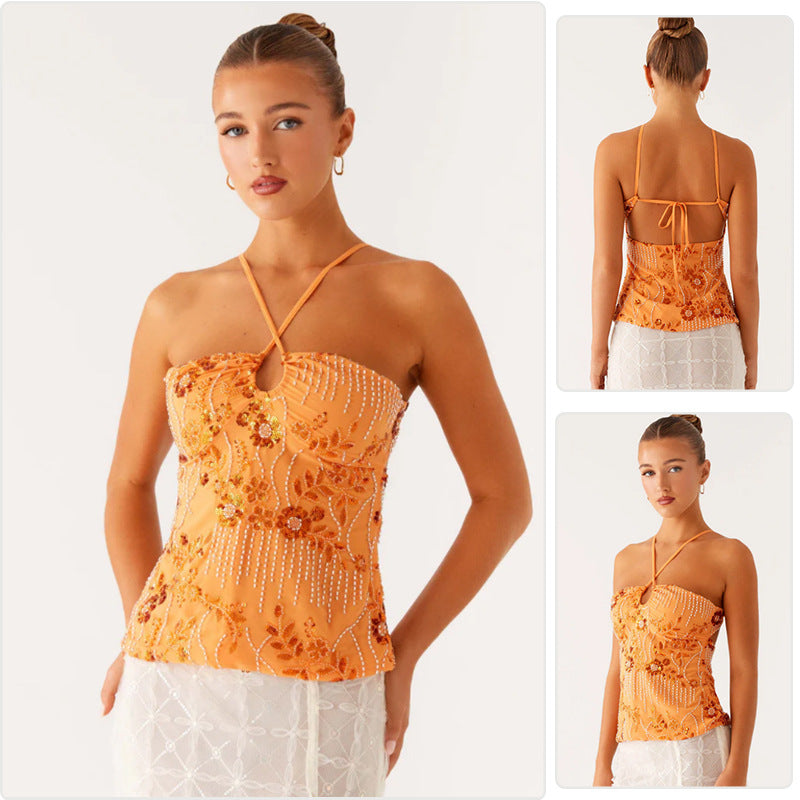 Damen Glitzerndes Bustier-Oberteil mit floralem Design und funkelnden Applikationen R&B