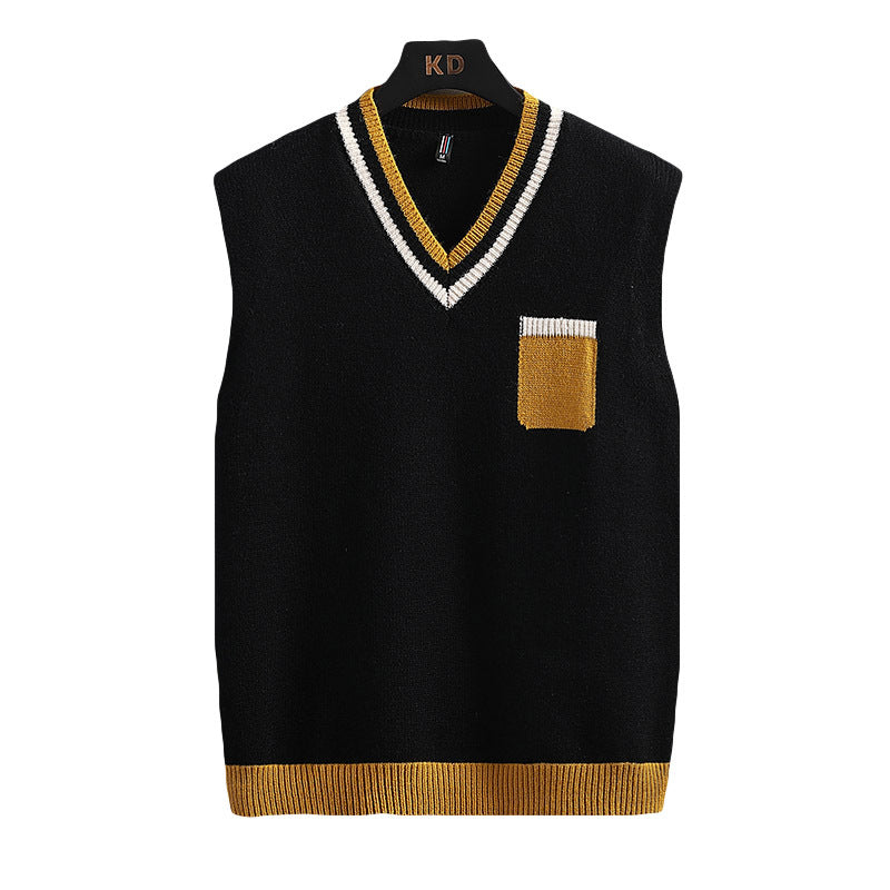 Herren ärmellose Strickjacke mit V-Ausschnitt und Farbblockdesign R&B