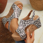 Damen Plateau-Sandalen mit ausgefallenem Leopardenmuster und Kork-Optik R&B