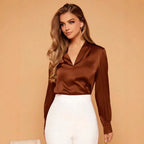 R&B | V-Ausschnitt Langarm Satin Bluse