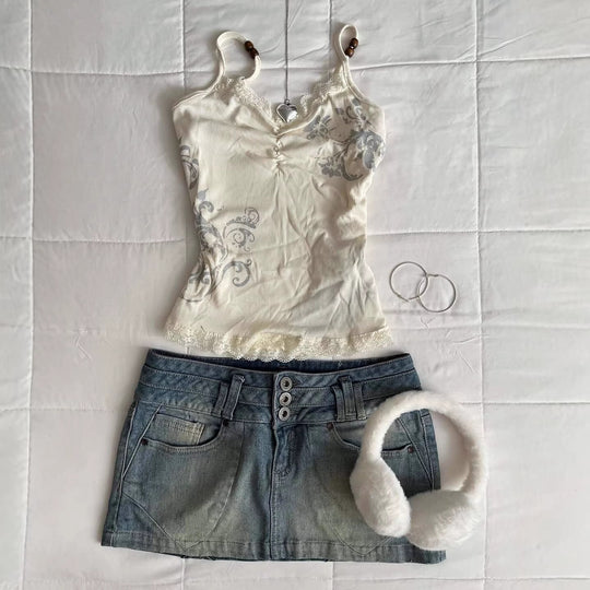 Damen Verspieltes Spaghetti-Träger Top mit Spitzendetails R&B