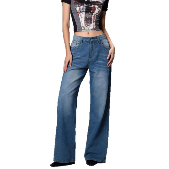 Damen weite Denim-Hose mit Vintage-Waschung und hoch geschnittenem Bund R&B