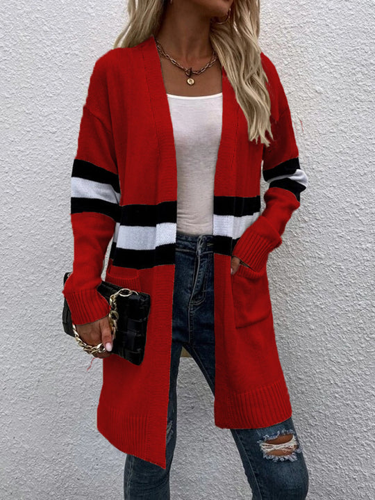 Damen Langarm Strickcardigan mit modernen Streifen und praktischen Taschen R&B