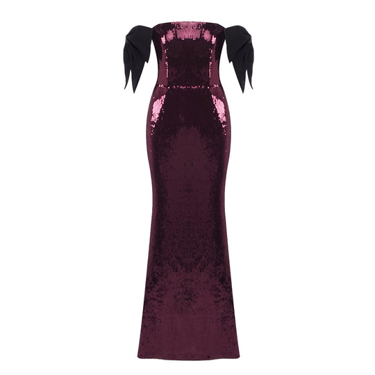 Damen Elegantes Pailletten-Maxikleid mit schulterfreiem Design und dekorativen Schleifen R&B