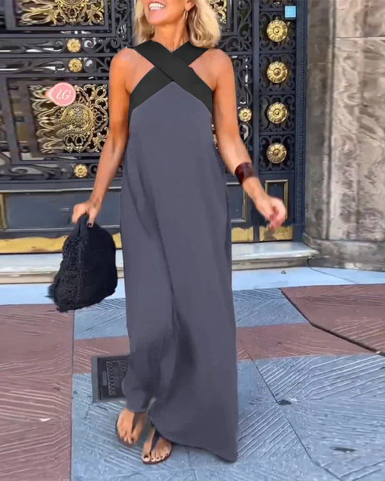 Damen Maxikleid mit raffiniertem Kreuz-Ausschnitt und fließendem Schnitt R&B