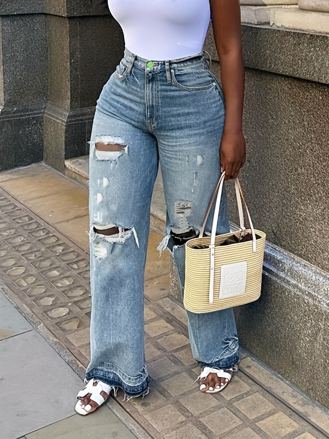 Damen Hohe Taille Destroyed Jeans R&B