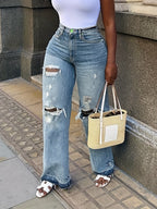 Damen Hohe Taille Destroyed Jeans R&B