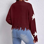 Damen modischer Sweatpullover mit Sternenmotiv und ausgefranstem Saum R&B