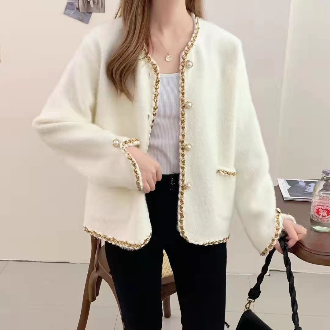 Damen Elegante Strickjacke mit dekorativen Perlenknöpfen und feiner Struktur R&B