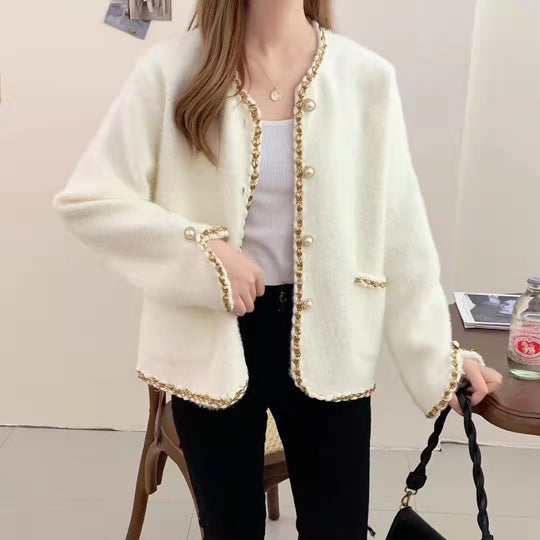 Damen Elegante Strickjacke mit dekorativen Perlenknöpfen und feiner Struktur R&B