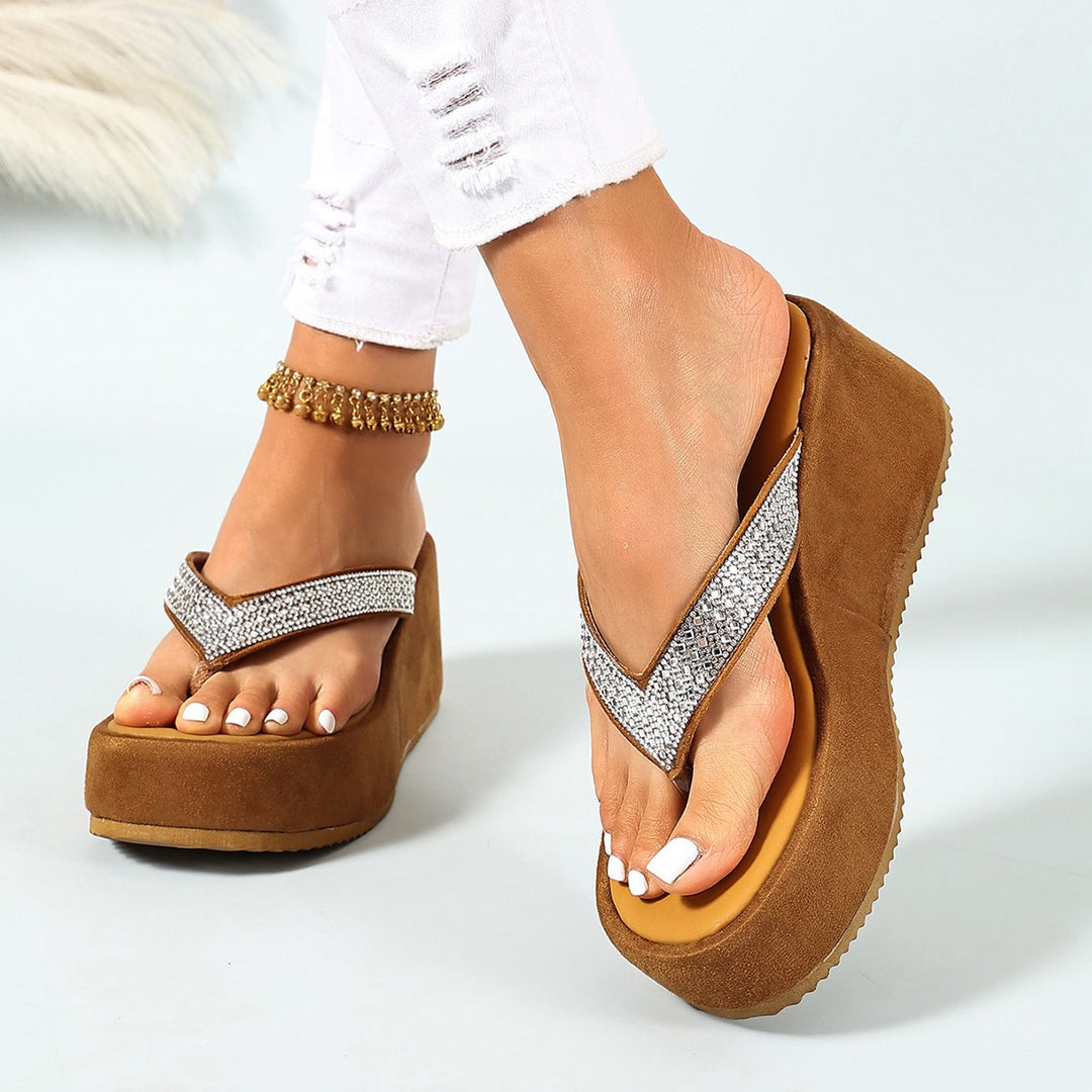 Damen Wedge-Pantoletten mit glitzernden Riemen und bequemer Sohle R&B