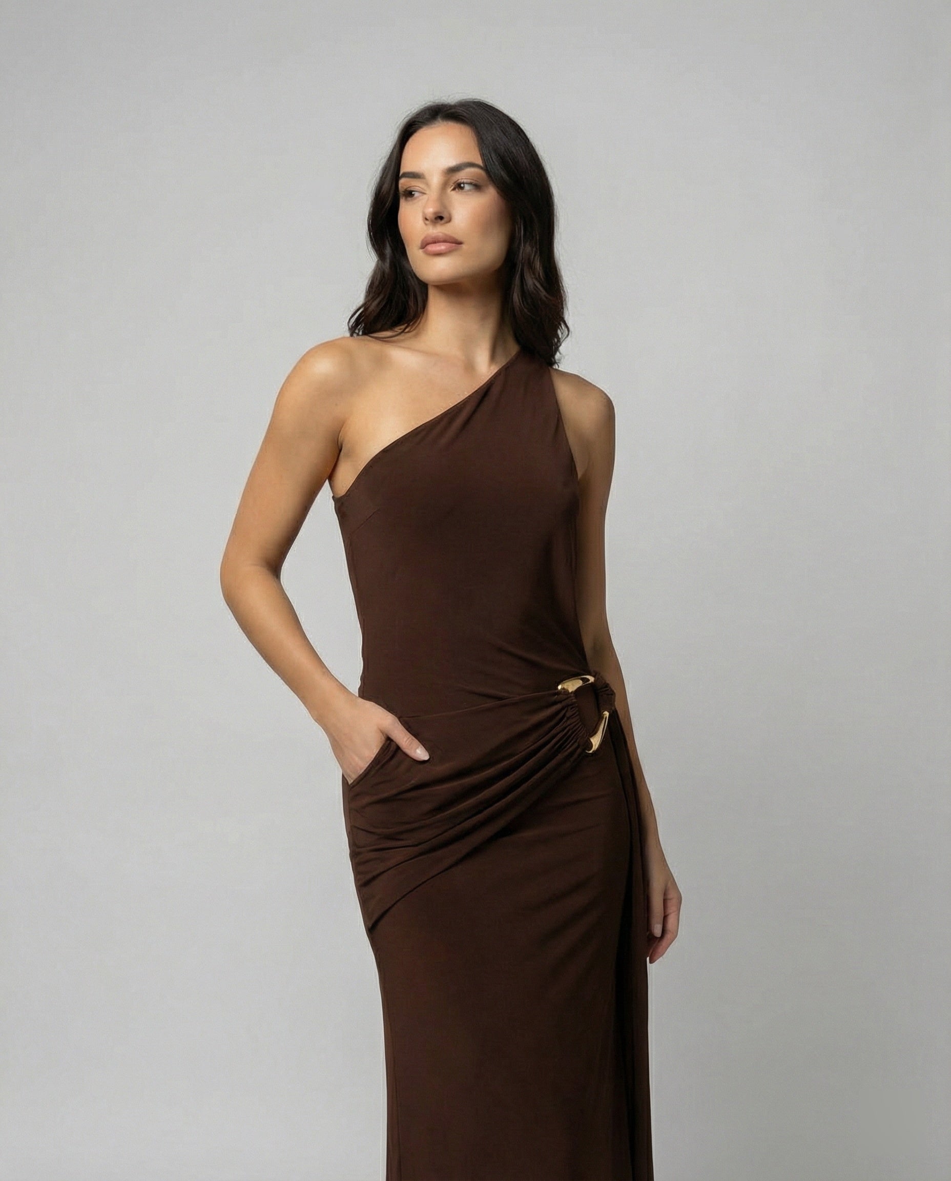 Damen Satin Etuikleid mit asymmetrischem Ausschnitt