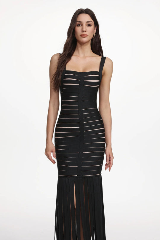 Damen Elegantes Abendkleid mit raffiniertem Streifen-Design und Fransen R&B