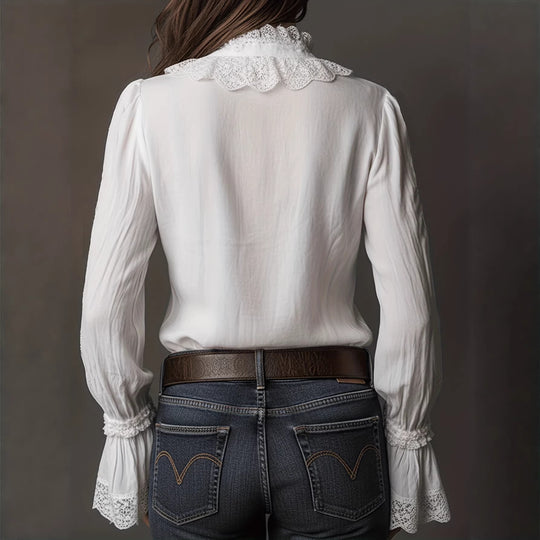 Damen elegante Bluse mit Rüschendetails und Spitzenbesatz R&B
