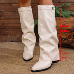 Damen nan kniehohe Slouch-Stiefel mit spitzer Zehenpartie niedrigem Blockabsatz und dekorativem Schaftgurt R&B