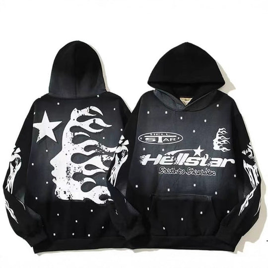 Unisex nan Oversize Kapuzenpullover mit großflächigem Flame- und Sternprint sowie Kängurutasche R&B