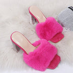 Damen Glamouröse Mules mit kuscheligem Kunstfell und glitzerndem Absatz R&B