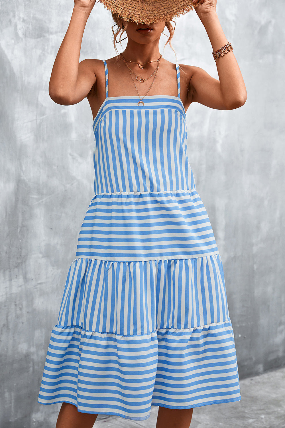 Damen Luftiges Gestreiftes Maxikleid mit Rüschendetails und verstellbaren Trägern R&B
