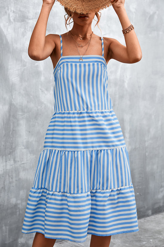 Damen Luftiges Gestreiftes Maxikleid mit Rüschendetails und verstellbaren Trägern R&B