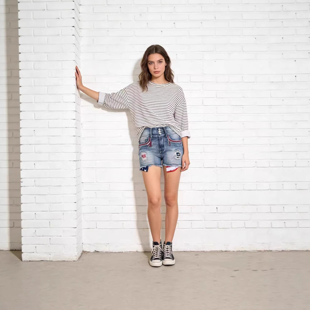 Damen Denim-Shorts im Vintage-Stil mit Aufgestickten Details R&B