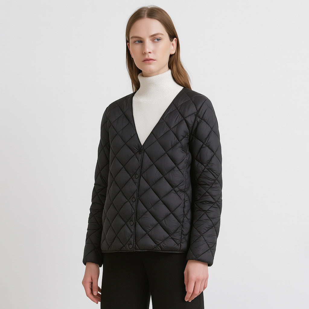 Damen gesteppte Übergangsjacke mit modernem V-Ausschnitt und knöpfbarem Verschluss R&B