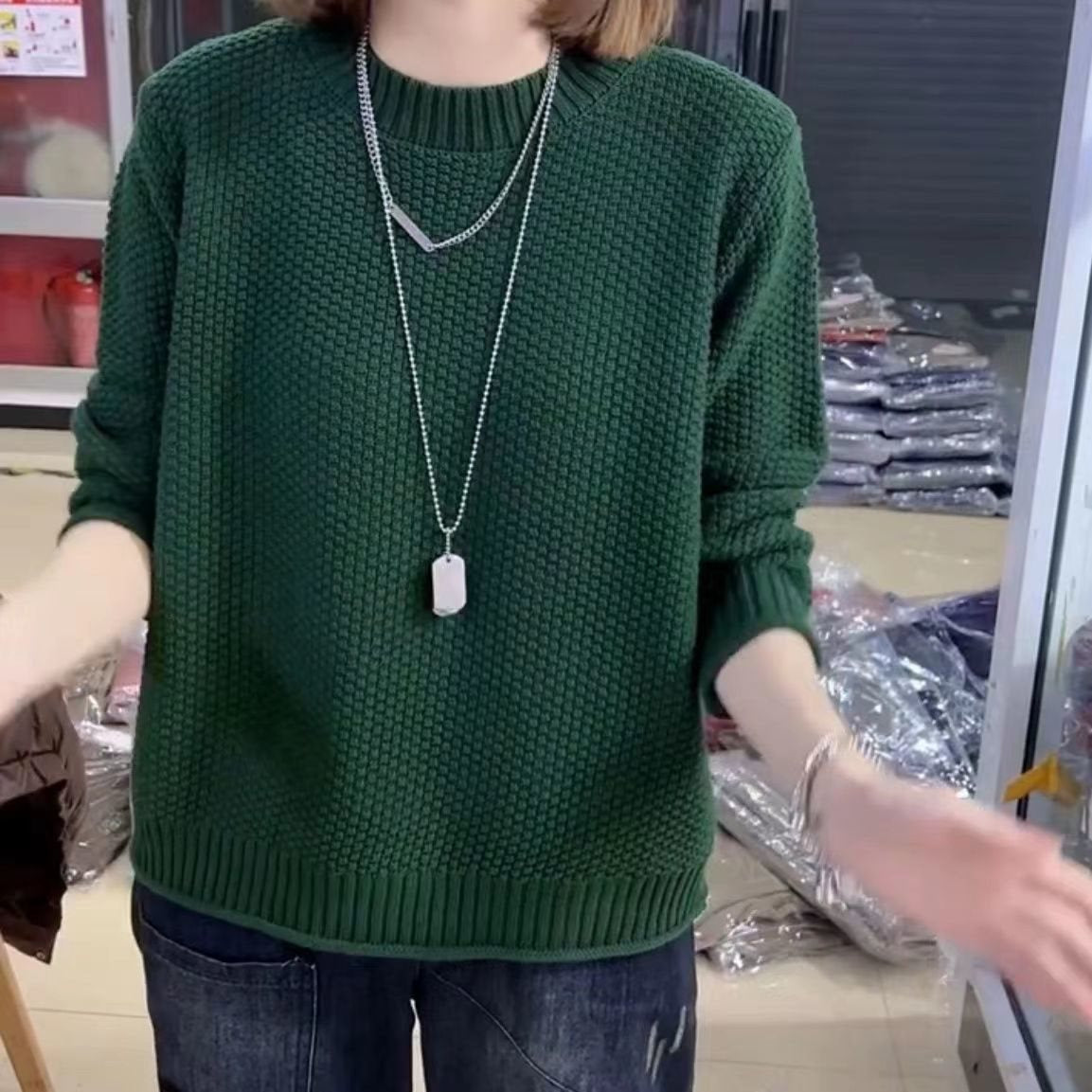 Damen lässiger Strickpullover mit strukturierter Oberfläche und weitem Schnitt R&B